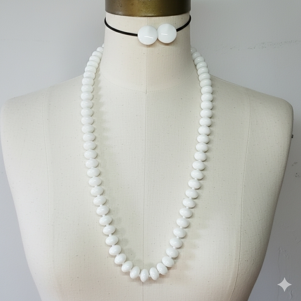 Bohemian Glass 2 Pc. Set Rondelle Beaded Necklace Earrings White Heavy Artisan